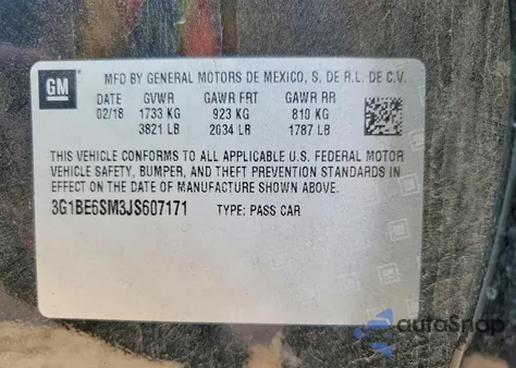 2018 Chevrolet Cruze Lt z USA, uszkodzony, nr VIN 3G1BE6SM3JS607171